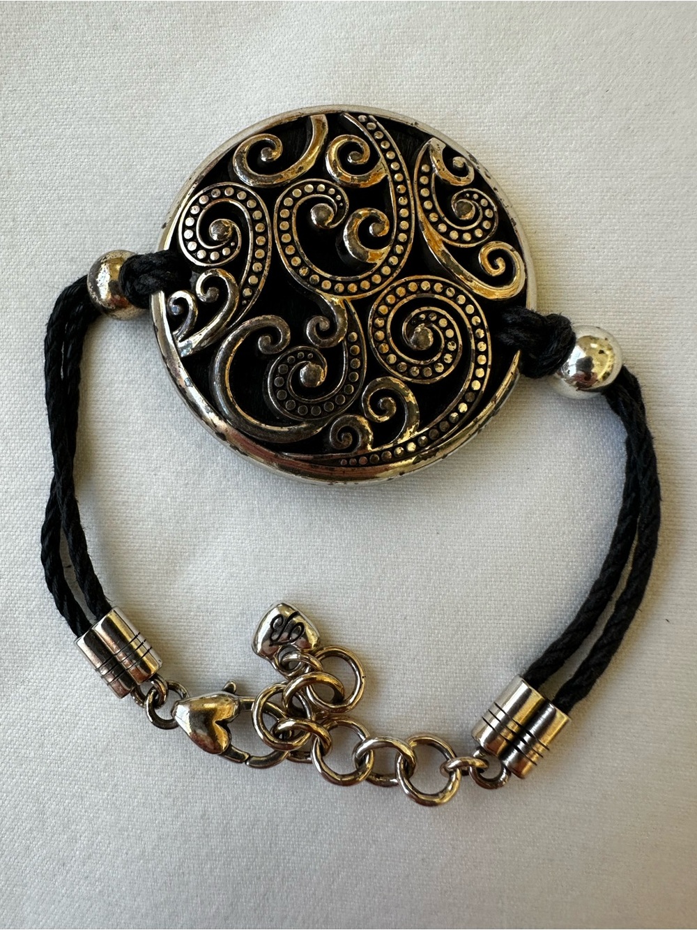Brighton Anahita Scroll Black Leather Bracelet Silver Medallion Adjustable Love